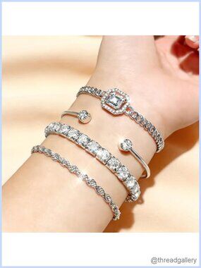 Silver Plated Stackable Bracelet Set Cubic Zirconia Tennis Rope Chain Adjustable
